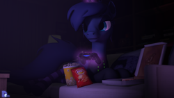 Size: 1920x1080 | Tagged: safe, artist:demb, princess luna, alicorn, pony, 3d, chips, clothes, controller, dualshock controller, female, food, hoodie, lidded eyes, magic, mare, pizza box, popcorn, potato chips, prone, socks, solo, source filmmaker, striped socks, telekinesis