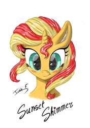 Size: 2481x3508 | Tagged: safe, artist:memprices, imported from derpibooru, sunset shimmer, pony, unicorn, equestria girls, blue eyes, blushing, bust, ear fluff, female, front view, high res, horn, looking at you, mare, one ear down, pencil, portrait, signature, simple background, smiling, solo, white background