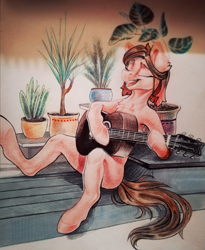 Size: 1653x2018 | Tagged: safe, artist:mithriss, imported from derpibooru, oc, oc only, earth pony, semi-anthro, chest fluff, guitar, musical instrument, plant, solo, traditional art