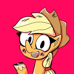 Size: 2048x2048 | Tagged: safe, artist:eveeyuwu, imported from derpibooru, applejack, earth pony, pony, blush sticker, blushing, bust, looking at you, open mouth, red background, simple background