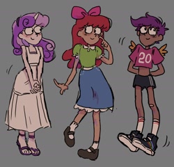 Size: 1948x1870 | Tagged: safe, artist:chorof_apski, imported from derpibooru, apple bloom, scootaloo, sweetie belle, human, bandaid, blouse, clothes, cutie mark crusaders, dark skin, dress, hairband, horn, horned humanization, humanized, jersey, light skin, mary janes, midriff, moderate dark skin, open-toed shoes, sandals, shirt, shoes, shorts, skirt, sneakers, socks, sports shorts, t-shirt, tomboy, winged humanization, wings