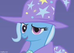 Size: 592x422 | Tagged: safe, imported from derpibooru, screencap, trixie, pony, unicorn, boast busters, season 1, brooch, bust, cape, clothes, cropped, female, hat, imgflip, jewelry, mare, open mouth, open smile, raised eyebrow, smiling, solo, trixie's brooch, trixie's cape, trixie's hat