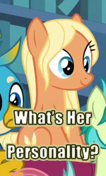 Size: 248x412 | Tagged: safe, edit, edited screencap, imported from derpibooru, screencap, amber grain, gallus, ocellus, sandbar, earth pony, griffon, pony, a rockhoof and a hard place, background pony, blonde mane, caption, cropped, cute, female, friendship student, image macro, male, mare, sitting, smiling, solo focus, text