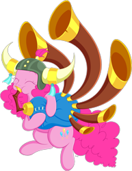 Size: 2053x2664 | Tagged: safe, artist:wownamesarehard, derpibooru exclusive, imported from derpibooru, pinkie pie, earth pony, pony, season 8, yakity-sax, spoiler:s08, blowing, female, helmet, honorary yak horns, horned helmet, mare, puffy cheeks, simple background, solo, transparent background, viking helmet, yovidaphone