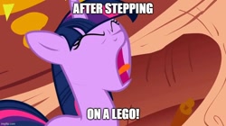 Size: 888x499 | Tagged: safe, artist:mlpfan3991, edit, edited screencap, imported from derpibooru, screencap, twilight sparkle, pony, unicorn, season 1, the ticket master, caption, eyes closed, golden oaks library, image macro, lego, meme, screaming, solo, text, unicorn twilight