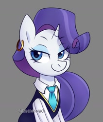 Size: 1387x1636 | Tagged: safe, artist:handgunboi, imported from derpibooru, rarity, pony, unicorn, clothes, ear piercing, earring, fashion, female, gray background, jewelry, mare, necktie, piercing, simple background, smiling, solo, vest