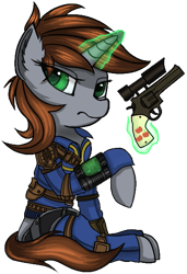 Size: 387x567 | Tagged: safe, artist:gloomradiancy, imported from derpibooru, oc, oc only, oc:littlepip, pony, unicorn, fallout equestria, clothes, fanfic, fanfic art, female, glowing, glowing horn, gun, handgun, hooves, horn, jumpsuit, levitation, little macintosh, magic, mare, optical sight, pipbuck, revolver, scope, simple background, sitting, solo, telekinesis, transparent background, vault suit, weapon