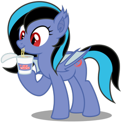 Size: 3224x3248 | Tagged: safe, artist:strategypony, imported from derpibooru, oc, oc only, oc:midnight grave, bat pony, pony, bat pony oc, cup noodles, cute, eating, female, food, mare, noodles, ocbetes, silly, simple background, solo, tail, transparent background, two toned mane, two toned tail, wings