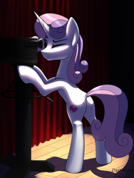 Size: 2250x3000 | Tagged: safe, artist:dash wang, imported from derpibooru, sweetie belle, pony, unicorn, bipedal, butt, camera, curtains, dock, eyebrows, eyelashes, female, high res, horn, mare, older, older sweetie belle, one eye closed, plot, solo, spotlight, stage, standing, tail