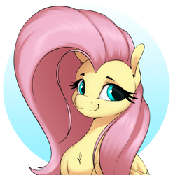 Size: 2925x2961 | Tagged: safe, artist:aquaticvibes, imported from derpibooru, fluttershy, pegasus, pony, :3, big mane, bust, chest fluff, cute, female, lidded eyes, looking at you, mare, portrait, shyabetes, simple background, smiling, smirk, smug, solo, white background