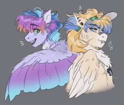 Size: 1155x981 | Tagged: safe, artist:sannateacupss, imported from derpibooru, oc, oc only, pegasus, pony, back to back, bandaid, bandaid on nose, bust, open mouth, piercing, wings