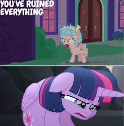 Size: 1392x1420 | Tagged: safe, edit, edited screencap, editor:quoterific, imported from derpibooru, screencap, cozy glow, twilight sparkle, alicorn, pegasus, pony, my little pony: the movie, school raze, abuse, duckery in the comments, no i can't i ruined everything, twilight sparkle (alicorn), twilybuse