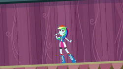 Size: 3410x1920 | Tagged: safe, imported from derpibooru, screencap, rainbow dash, equestria girls, friendship games, boots, canterlot high, clothes, cutie mark on clothes, female, high res, microphone, shoes, smiling, solo