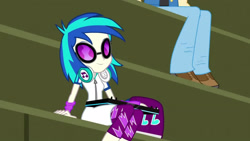 Size: 3410x1920 | Tagged: safe, imported from derpibooru, screencap, dj pon-3, vinyl scratch, equestria girls, friendship games, canterlot high, chs rally song, female, headphones, high res, male, smiling, solo focus