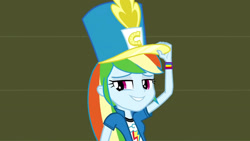 Size: 3410x1920 | Tagged: safe, imported from derpibooru, screencap, rainbow dash, equestria girls, friendship games, canterlot high, chs rally song, clothes, cutie mark on clothes, female, hat, high res, smiling, solo, top hat