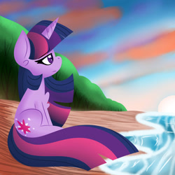 Size: 1280x1280 | Tagged: safe, artist:ladylullabystar, imported from derpibooru, twilight sparkle, pony, unicorn, beach, chest fluff, female, mare, solo, unicorn twilight, water