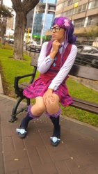 Size: 864x1536 | Tagged: safe, artist:sabrina200415, imported from derpibooru, sci-twi, twilight sparkle, human, equestria girls, friendship games, bench, clothes, cosplay, costume, crystal prep academy uniform, irl, irl human, photo, school uniform, sitting