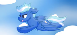 Size: 1024x473 | Tagged: safe, artist:exobass, imported from derpibooru, oc, oc only, oc:exobass, pegasus, pony, :p, cheek fluff, chest fluff, cloud, day, ear fluff, ears back, eyelashes, female, flying, lidded eyes, mare, outdoors, pegasus oc, signature, sky, smiling, smirk, solo, spread wings, tongue out, wings