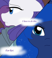 Size: 600x678 | Tagged: safe, artist:ask--luna-and-rarity, imported from derpibooru, princess luna, rarity, alicorn, pony, unicorn, series:arc 1, cloak, clothes, female, lesbian, rariluna, shipping