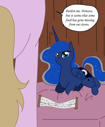 Size: 600x728 | Tagged: safe, artist:ask--luna-and-rarity, imported from derpibooru, princess luna, oc, alicorn, pony, series:arc 1, bed, scroll, ship