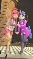 Size: 2160x3840 | Tagged: safe, artist:cdv, imported from derpibooru, oc, oc only, oc:butter muffin, oc:pocket galaxy, anthro, plantigrade anthro, unicorn, 3d, cute, duo, duo female, female, holding hands, lesbian, outdoors, posing for photo, source filmmaker