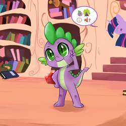 Size: 1280x1280 | Tagged: safe, artist:brella, imported from derpibooru, spike, twilight sparkle, dragon, pony, unicorn, fangs, female, golden oaks library, male, mare, no eyes, peace sign, pictogram, smiling, stairs, unicorn twilight