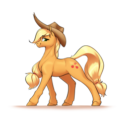 Size: 2394x2373 | Tagged: safe, artist:aquaticvibes, imported from derpibooru, applejack, earth pony, pony, applejack's hat, cowboy hat, female, hair tie, hat, high res, hooves, looking back, mare, profile, simple background, smiling, solo, walking, white background