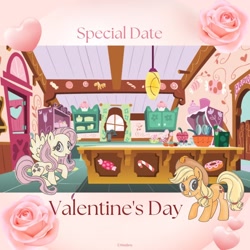 Size: 1080x1080 | Tagged: safe, artist:mylittleponyjpn, imported from derpibooru, applejack, fluttershy, earth pony, pegasus, pony, duo, heart, holiday, official, sugarcube corner, valentine's day