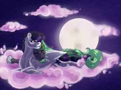 Size: 1067x799 | Tagged: safe, artist:teonnakatztkgs, imported from derpibooru, oc, oc only, oc:kalmin, pegasus, pony, cloud, duo, female, full moon, lying down, mare, moon, night, on a cloud, outdoors, pegasus oc, prone, stars