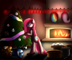 Size: 2683x2236 | Tagged: safe, artist:maneblue, imported from derpibooru, pinkie pie, earth pony, pony, bipedal, christmas, christmas tree, female, fireplace, holiday, implied fluttershy, implied rainbow dash, mare, pinkamena diane pie, rainbow tail, smiling, solo, tail, tree