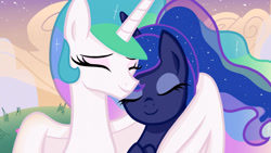 Size: 1280x720 | Tagged: safe, artist:sallyso, imported from derpibooru, princess celestia, princess luna, alicorn, pony, bust, duo, eyelashes, eyes closed, female, hug, mare, outdoors, siblings, sisters, winghug, wings