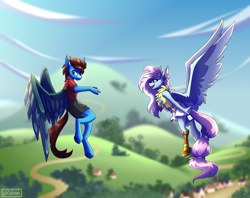 Size: 2900x2300 | Tagged: safe, artist:celes-969, imported from derpibooru, kerfuffle, oc, oc:jasper darkblaze, anthro, pegasus, unguligrade anthro, amazed, amputee, anthro oc, artificial wings, augmented, blurry background, canon x oc, cargo shorts, cel shading, clothes, commission, complex background, detailed background, duo, fanart, flying, hair tie, highlights, hope hollow, long mane, long tail, mechanical wing, miniskirt, pegasus oc, pincushion, polo shirt, prosthetic leg, prosthetic limb, prosthetic wing, prosthetics, scenery, shading, skirt, tail, vest, watermark, wings