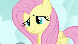 Size: 1280x720 | Tagged: safe, imported from derpibooru, screencap, fluttershy, pegasus, pony, it ain't easy being breezies, season 4, cute, female, folded wings, mare, shyabetes, smiling, solo, wings