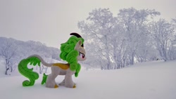 Size: 2048x1152 | Tagged: safe, imported from derpibooru, photographer:pakapaka1993, spring glow, kirin, pony, irl, japan, photo, plushie, snow, solo, tree, winter