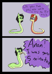 Size: 1000x1414 | Tagged: safe, artist:happy harvey, imported from derpibooru, twist, oc, oc:filly anon, original species, snake, snake pony, 2 panel comic, bully, bullying, colored pupils, comic, dialogue, female, filly, filly pred, filly prey, glasses, implied twilight sparkle, king snake, looking up, oral vore, phone drawing, same size vore, species swap, vore, yelling