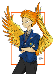Size: 600x800 | Tagged: safe, artist:windywendy29, imported from derpibooru, spitfire, human, clothes, crossed arms, female, humanized, necktie, pants, shirt, simple background, solo, spitfire's whistle, whistle, whistle necklace, white background, winged humanization, wings