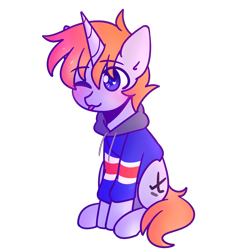 Size: 2500x2500 | Tagged: safe, artist:fuzzystarart, imported from derpibooru, oc, oc only, oc:disterious, pony, unicorn, blue eyes, clothes, cute, hoodie, horn, male, one eye closed, simple background, sitting, solo, stallion, tongue out, transparent background, wink