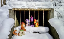 Size: 2048x1264 | Tagged: safe, imported from derpibooru, photographer:pakapaka1993, autumn blaze, starlight glimmer, sunset shimmer, tempest shadow, kirin, pony, unicorn, irl, jail, japan, photo, plushie, snow, winter