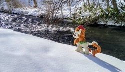 Size: 2048x1188 | Tagged: safe, imported from derpibooru, photographer:pakapaka1993, autumn blaze, kirin, pony, irl, japan, photo, plant, plushie, river, snow, water, winter