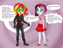 Size: 3300x2550 | Tagged: safe, artist:bageloftime, imported from derpibooru, cayenne, sunset shimmer, oc, oc:mez-mare-a, equestria girls, catsuit, clothes, duo, duo female, feet, female, goggles, hypnogoggles, hypnosis, hypnotized, sandals, skirt, swirly eyes, thief