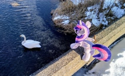 Size: 2048x1245 | Tagged: safe, imported from derpibooru, photographer:pakapaka1993, twilight sparkle, alicorn, bird, pony, swan, animal, irl, japan, photo, plushie, river, snow, solo, twilight sparkle (alicorn), water