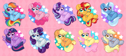 Size: 3623x1628 | Tagged: safe, artist:ninnydraws, imported from derpibooru, applejack, derpy hooves, fluttershy, pinkie pie, rainbow dash, rarity, starlight glimmer, sunset shimmer, trixie, twilight sparkle, alicorn, pegasus, pony, unicorn, equestria girls, alternate mane seven, group, hat, heart, heart eyes, looking at you, mane six, merchandise, open mouth, open smile, simple background, smiling, smiling at you, twilight sparkle (alicorn), wingding eyes