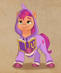 Size: 1710x2048 | Tagged: safe, artist:artharuhi, imported from derpibooru, part of a set, sunny starscout, twilight sparkle, earth pony, pony, unicorn, alicorn costume, book, clothes, costume, cute, fake horn, fangirl, female, g5, hoodie, hoof hold, in-universe pegasister, kigurumi, mare, markings, my little pony: a new generation, onesie, pajamas, raised hoof, sleepwear, solo, sunnybetes, twilight sparkle costume, unshorn fetlocks