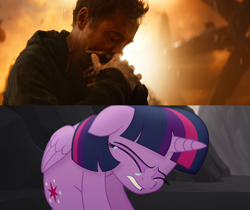 Size: 1920x1614 | Tagged: safe, imported from derpibooru, screencap, twilight sparkle, alicorn, pony, my little pony: the movie, avengers: infinity war, comparison, crying, despair, female, folded wings, iron man, mare, marvel, no i can't i ruined everything, robert downey jr, sad, tony stark, twilight sparkle (alicorn), wings