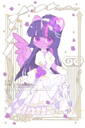 Size: 1200x1800 | Tagged: safe, artist:xieyanbbb, imported from derpibooru, part of a set, twilight sparkle, alicorn, semi-anthro, alternate hairstyle, choker, clothes, colored pupils, cute, dress, female, flower, flower in hair, gloves, looking at you, mare, petals, pillar, rose, solo, twiabetes, twilight sparkle (alicorn), wedding dress
