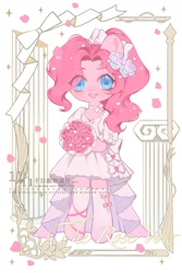Size: 1200x1800 | Tagged: safe, artist:xieyanbbb, imported from derpibooru, part of a set, pinkie pie, semi-anthro, alternate hairstyle, bouquet, clothes, colored pupils, cute, diapinkes, dress, female, flower, flower in hair, heart, hoof hold, looking at you, mare, open mouth, petals, ponytail, rose, solo, stockings, thigh highs, wedding dress