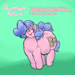 Size: 1300x1300 | Tagged: safe, artist:gabrielcoroum, imported from derpibooru, oc, oc only, oc:quinntuple return, pony, unicorn, abstract background, blue mane, chubby cheeks, coin, colored, demigirl, demigirl pride flag, donut, double chin, fat, food, genderfluid, heart, looking away, pink coat, pink eyes, pride, pride flag, pronking, reference sheet, smiling, transgender