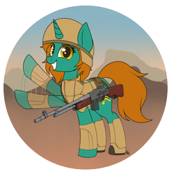 Size: 662x662 | Tagged: safe, artist:ponynamedmixtape, imported from derpibooru, oc, oc only, oc:dust runner, pony, unicorn, fallout equestria, armor, b.a.r, body armor, browning automatic rifle, clothes, commission, female, gun, helmet, mare, military uniform, rifle, solo, standing, uniform, waving at you, weapon