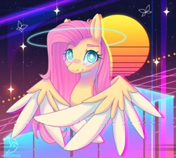 Size: 2212x1988 | Tagged: safe, artist:wavecipher, imported from derpibooru, fluttershy, pegasus, pony, aesthetics, colored wings, colored wingtips, cute, glasses, looking at you, retrowave, shyabetes, solo, spread wings, white pupils, wings