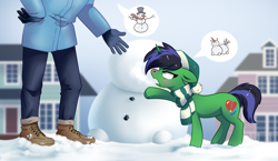 Size: 2586x1500 | Tagged: safe, artist:28gooddays, imported from derpibooru, oc, oc only, human, pony, unicorn, argument, clothes, scarf, snow, snowman, snowpony, striped scarf, winter hat